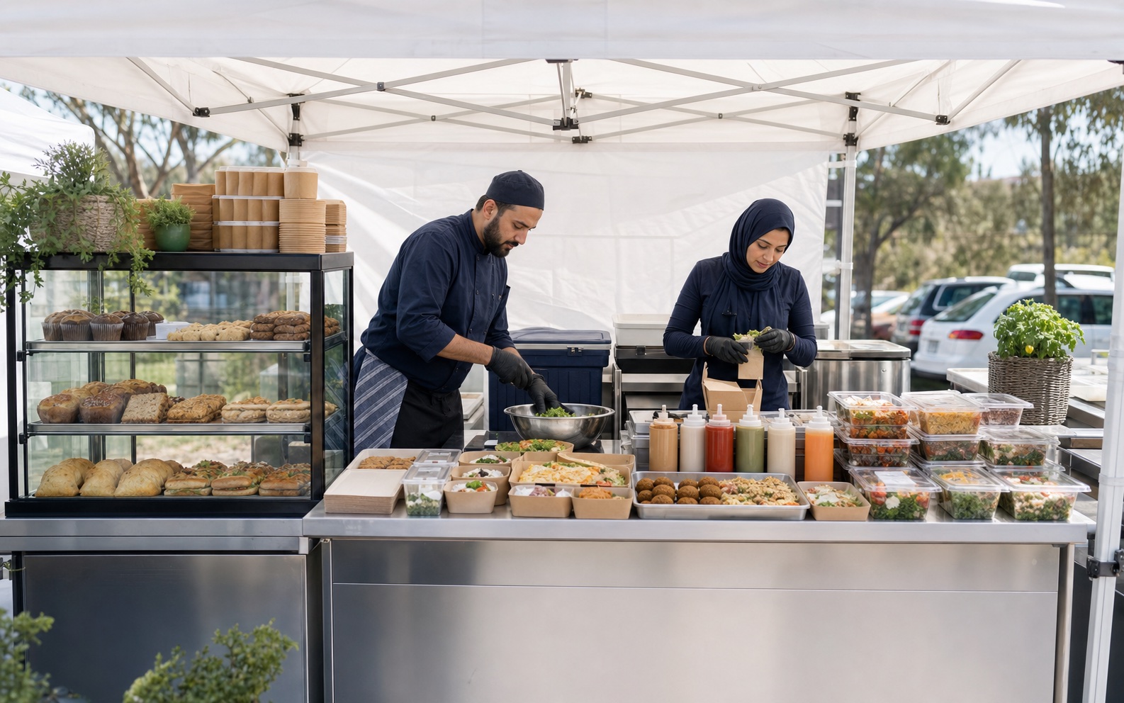 Professional individual food stall with organised preparation and packaged food at an Australian market